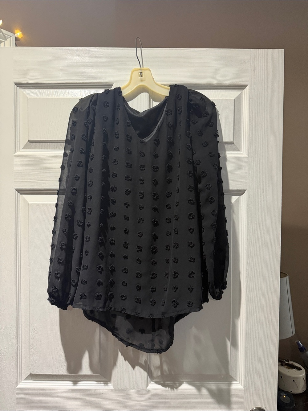 Woven Black Textured Dot Long-Sleeve Blouse
